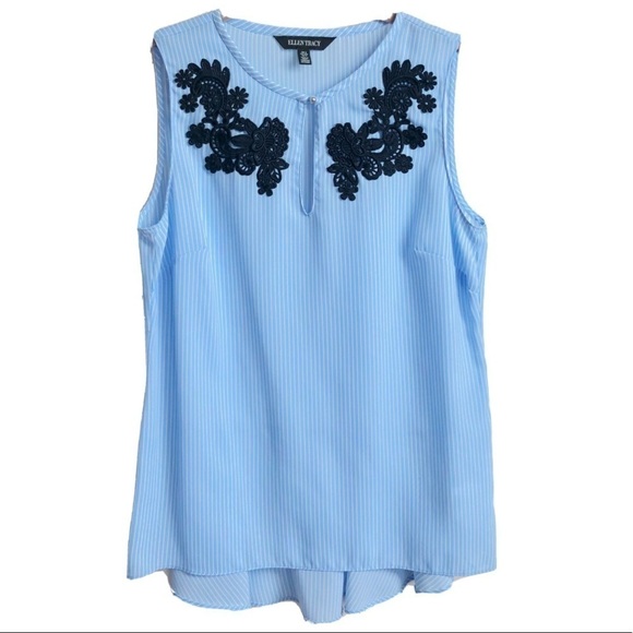 Ellen Tracy sleeveless blue pinstripe floral black blouse high low small - Picture 1 of 9